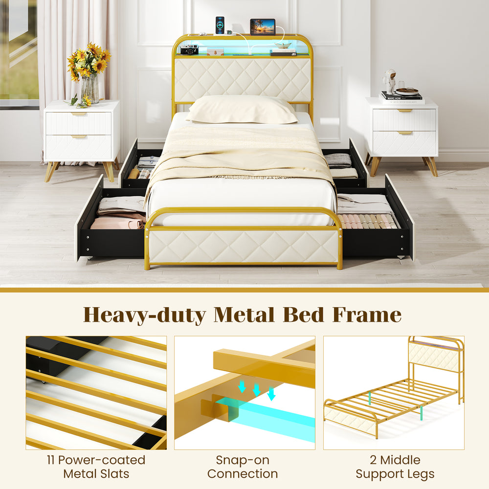 Gold twin size bed frame featuring multi-color LED lights and an integrated charging station for added convenience and.