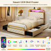 Gold twin size bed frame with LED lights, storage drawers, and upholstered headboard for a modern bedroom setup.