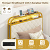 Gold twin size bed frame with upholstered headboard, LED lights, and integrated charging station for convenient storage.