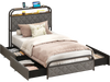 Twin size bed frame showcasing 2-tier headboard design for improved storage of books, tablets, and personal items.