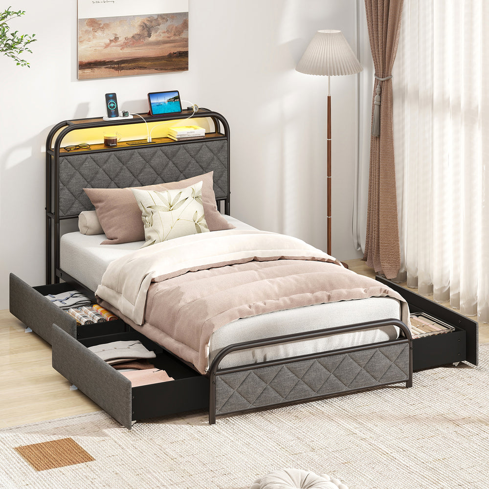 Twin/Full/Queen Size Bed Frame with LED Lights and Charging Station-Twin Size - Gallery View 1 of 15