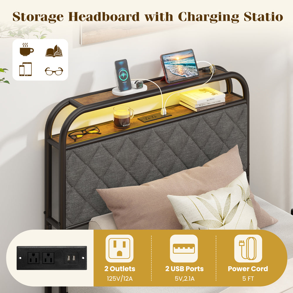 Twin size bed frame with LED lights, charging station, and storage headboard for organized bedroom space.