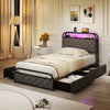 Twin size bed frame with LED lights, charging station, and fabric storage drawers for a stylish, organized bedroom.