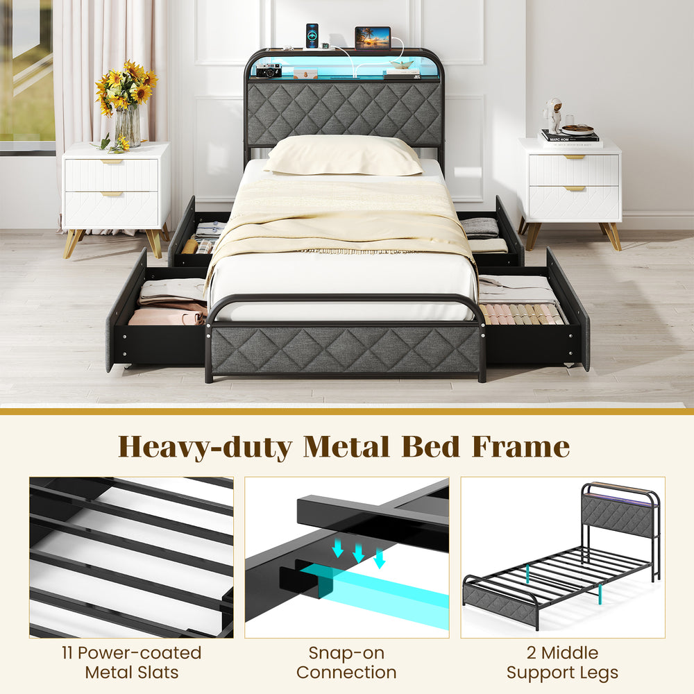 Twin size bed frame with LED lights, integrated charging station, and fabric storage drawers for organized bedrooms.