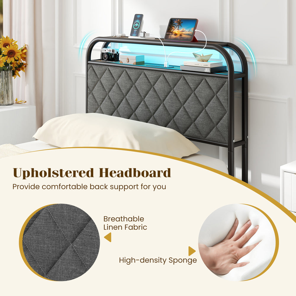 Upholstered headboard with breathable linen fabric and high-density sponge for comfort, featuring LED lights and.