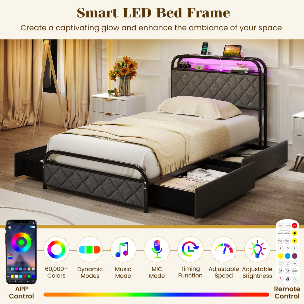 Twin size bed frame with LED lights, adjustable brightness, and integrated charging station for a modern bedroom setup.