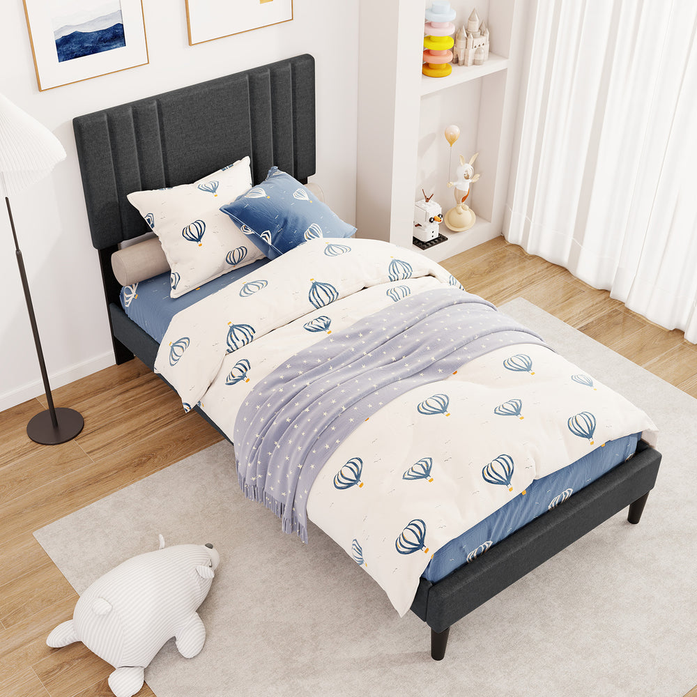 Twin size bed frame with vertical channel tufted headboard, faux linen fabric, and wooden slats for easy mattress.