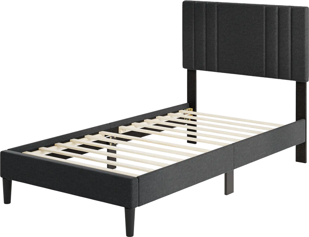 Twin size bed frame with vertical channel tufted headboard, faux linen fabric, and wooden slats for mattress support.