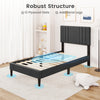 Twin size bed frame with vertical channel tufted headboard, robust structure, and 12 plywood slats for mattress support.