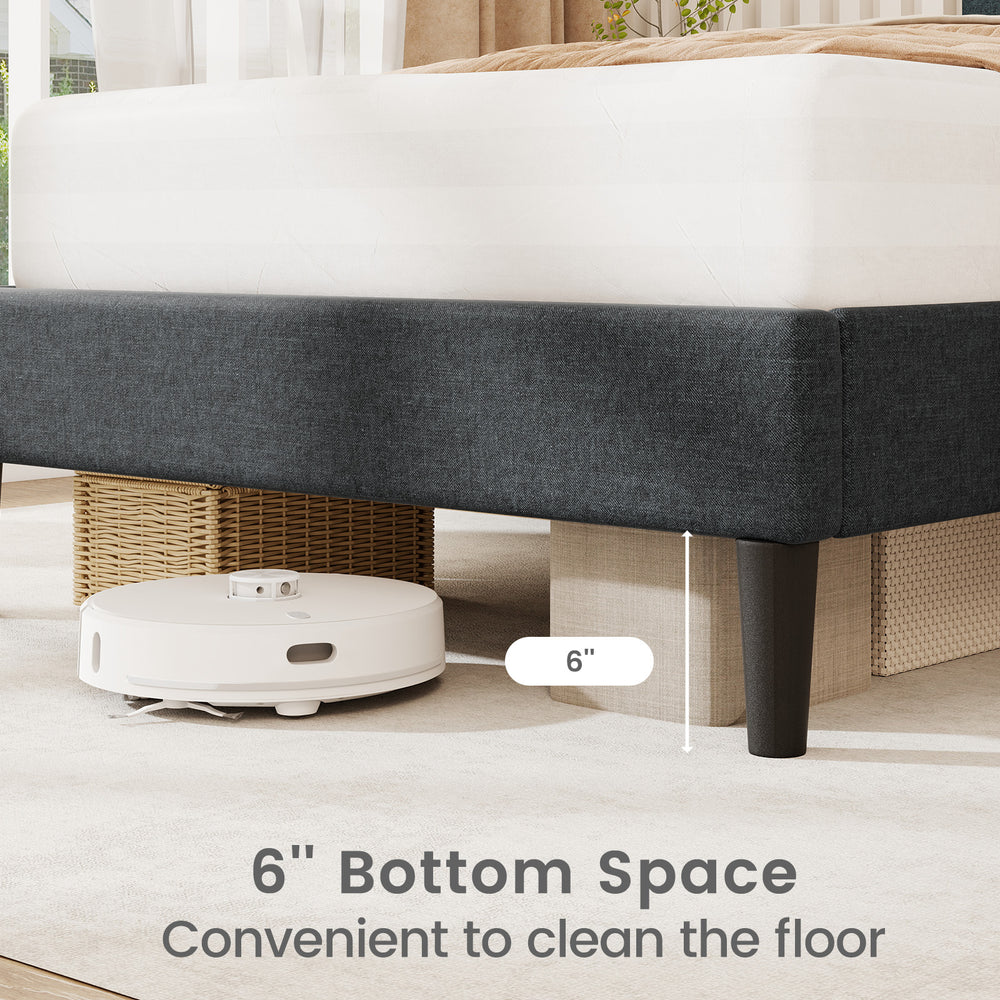 Twin size bed frame with vertical channel tufted headboard and 6" bottom space for easy floor cleaning.