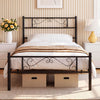 Twin size metal bed frame with elegant floral design, sturdy structure, and ample under-bed storage space for organization.