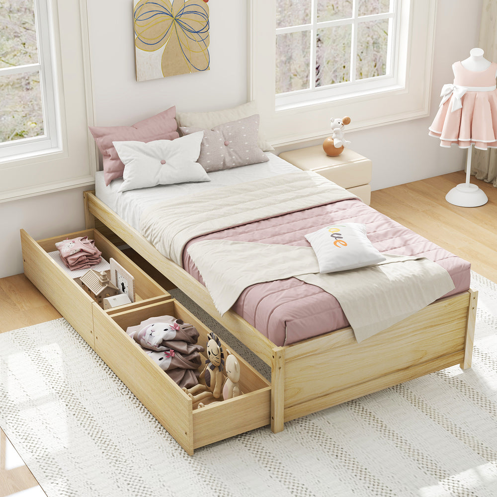 Twin Size Captain Bed with 2 Drawers and Slats Support-Natural - Gallery View 1 of 10