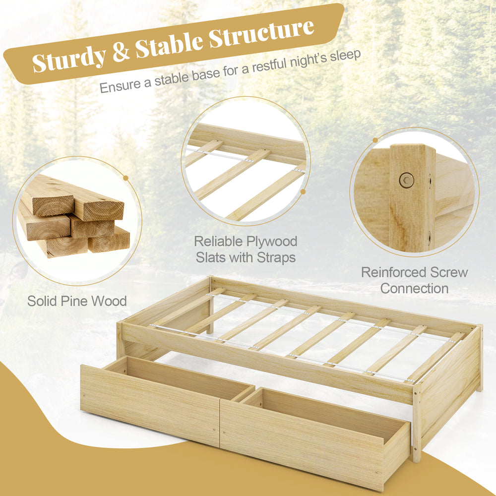 Twin size captain bed frame in natural solid pine wood with two pull-out drawers for convenient storage and support.
