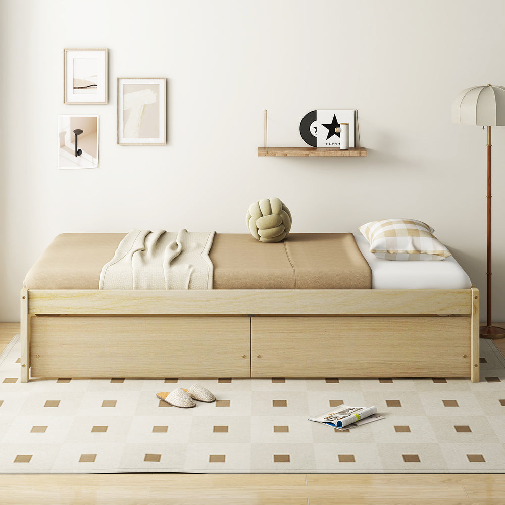 Twin size captain bed in natural wood with two pull-out drawers, perfect for optimizing living space and storage.