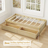 Twin size captain bed in natural wood with two pull-out drawers, slats support, and raised edge for mattress stability.