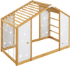 Twin size Montessori climbing bed with natural wood frame, monkey bars, and playful geometric cut-outs for kids' fun.
