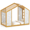 Twin size Montessori floor bed with natural wood frame, monkey bars, and playful geometric cut-outs for kids' rooms.