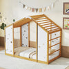 Twin size Montessori floor bed with natural wood frame, monkey bars, and playful geometric cut-outs for kids' room.