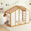 Twin size Montessori floor bed with monkey bars and playful cut-out shapes, perfect for kids' play and sleep.