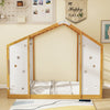 Twin size Montessori floor bed with house shape, rubber wood monkey bars, and playful geometric cut-outs for kids' room.