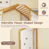 Twin size Montessori floor bed with house-shaped design, rubber wood monkey bars, and playful geometric cut-out shapes.