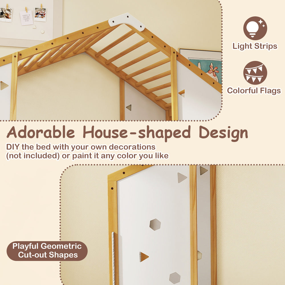 Twin size Montessori floor bed with house-shaped design, rubber wood monkey bars, and playful geometric cut-out shapes.