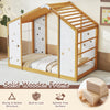 Twin size Montessori floor bed with solid wooden frame, monkey bars, and playful geometric cut-outs for kids' fun.