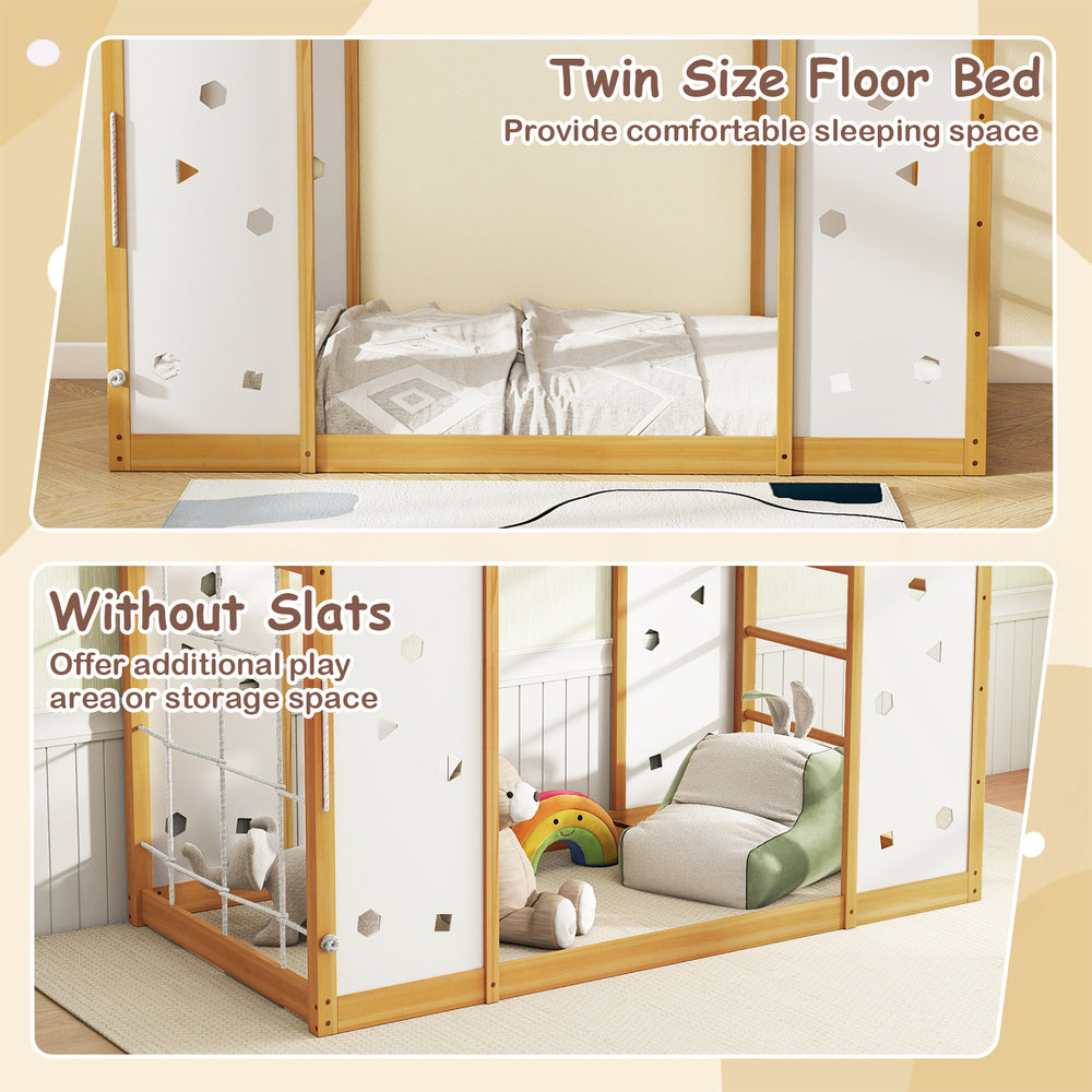 Twin size floor bed with rubber wood monkey bars and playful geometric cut-outs, ideal for comfortable sleeping and.