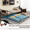 Twin size daybed frame with pullout trundle and lockable casters for added sleeping space in living room or bedroom.