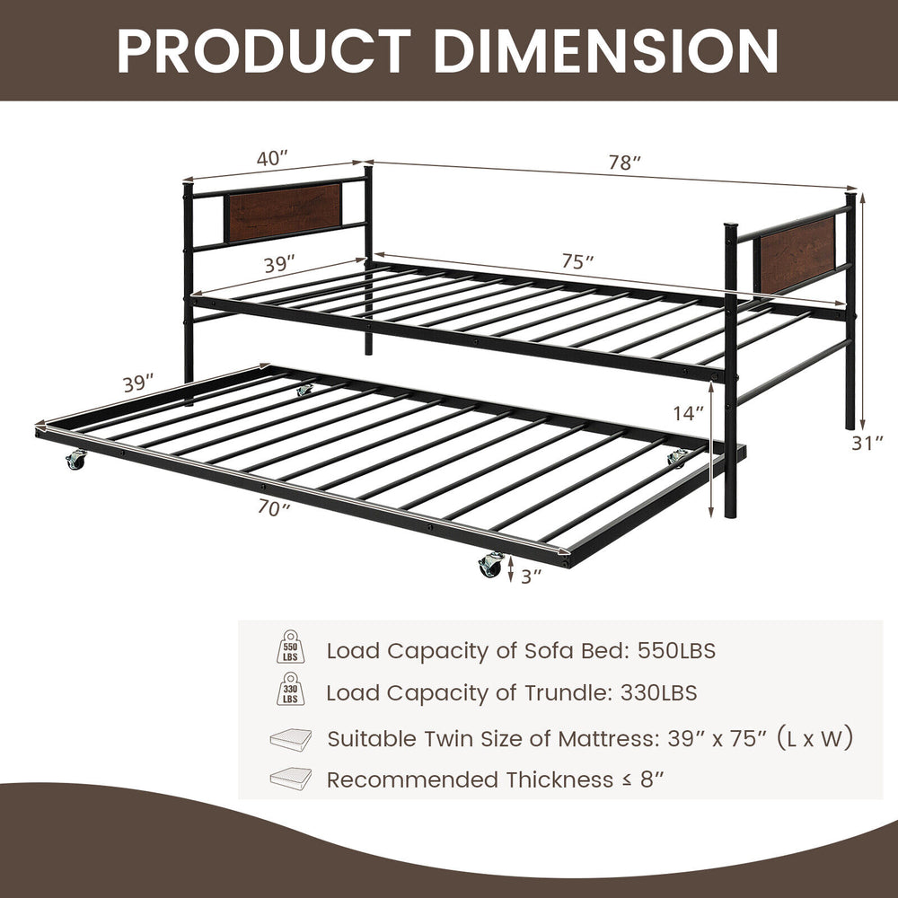 Twin size 2-in-1 daybed frame with pullout trundle, featuring sturdy carbon steel and MDF, ideal for living rooms or.