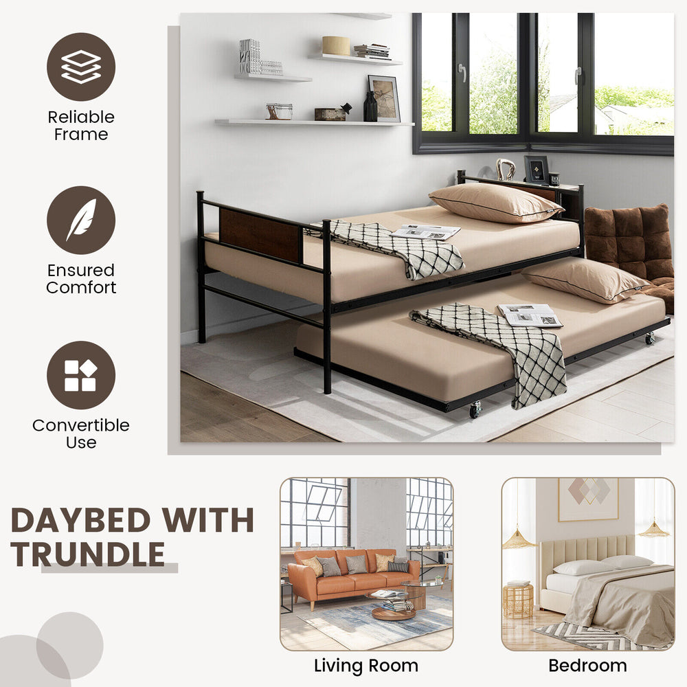 Twin size daybed frame with pullout trundle, medium carbon steel construction, ideal for living room or bedroom use.