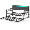 Twin size daybed with trundle, metal frame, upholstered headboard, and RGB LED lights for versatile bedroom use.