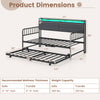 Twin size daybed with trundle and rustic brown metal frame, featuring an upholstered headboard and ambient RGB LED.