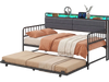 Twin size daybed with trundle in rustic brown, featuring an upholstered headboard and ambient RGB LED lights for cozy.