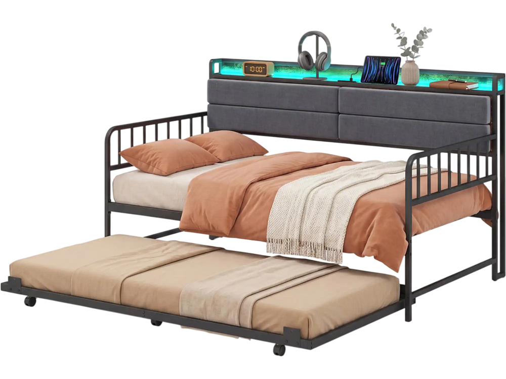 Twin size daybed with trundle in rustic brown, featuring an upholstered headboard and ambient RGB LED lights for cozy.