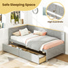 Twin size gray daybed with high guardrails and two storage drawers, perfect for guest sleeping and space-saving.