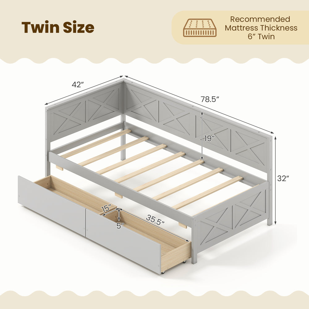 Twin size daybed in gray with 2 storage drawers, sturdy wooden construction, ideal for small spaces and guest sleeping.