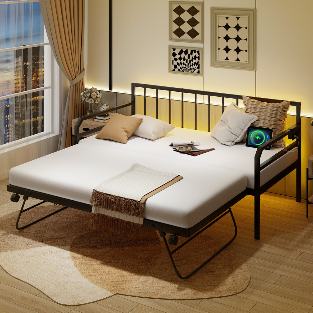 Adjustable Metal Twin Size Daybed with Charging Station and LED Light-Black - Gallery View 1 of 9
