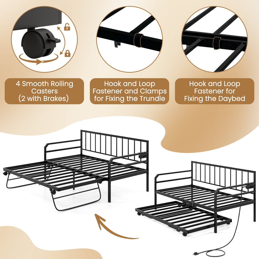 Adjustable metal twin size daybed in black with pop-up trundle, LED light, and charging station for versatile use.