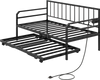 Adjustable metal twin size daybed in black with charging station, LED light, and pop-up trundle for versatile use.