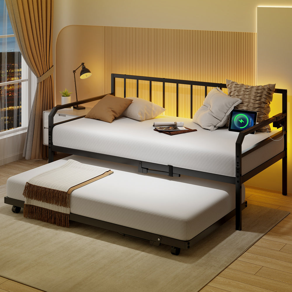 Adjustable black metal twin size daybed with LED light and charging station, featuring a pop-up trundle for versatile.