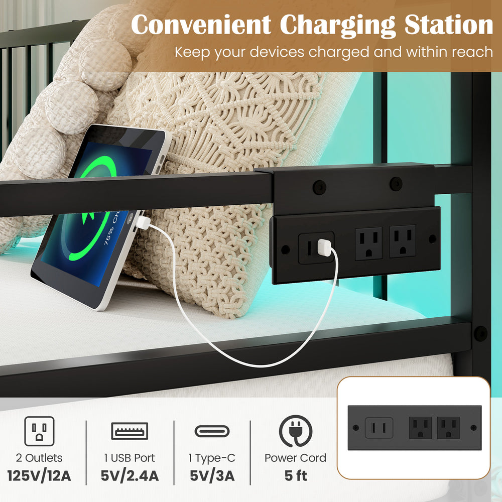 Adjustable metal twin size daybed with charging station, featuring USB and Type-C ports for convenient device charging.