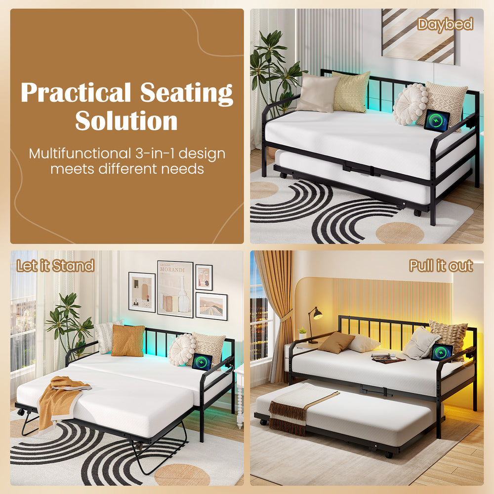 Adjustable metal twin size daybed with LED light and charging station, shown in daybed mode for versatile seating.