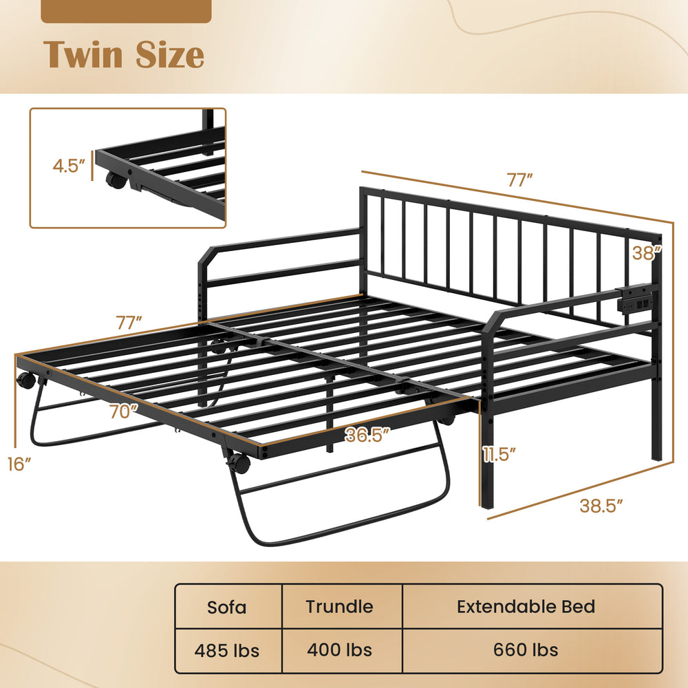 Adjustable metal twin size daybed with pop-up trundle, LED light, and charging station for versatile room use.