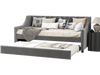 Twin size gray daybed with trundle, curved armrests, and soft cushions, perfect for space-saving guest sleeping.