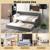 Twin size gray daybed with trundle, curved armrests, and wheels for easy movement, perfect for multi-scene use.
