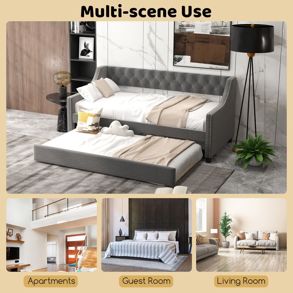 Twin size gray daybed with trundle, curved armrests, and wheels for easy movement, perfect for multi-scene use.