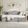 Twin size gray daybed with trundle, solid pine frame, and elegant design, perfect for living rooms or guest rooms.