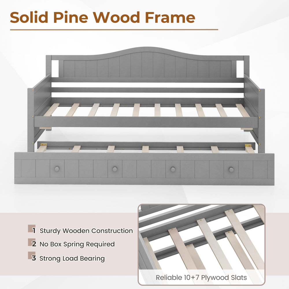 Twin size gray daybed with trundle, solid pine wood frame, and plywood slats, ideal for living rooms or guest rooms.