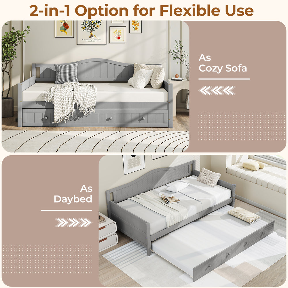Twin size gray daybed with trundle, featuring smooth wheels and elegant design, perfect for living rooms or guest rooms.